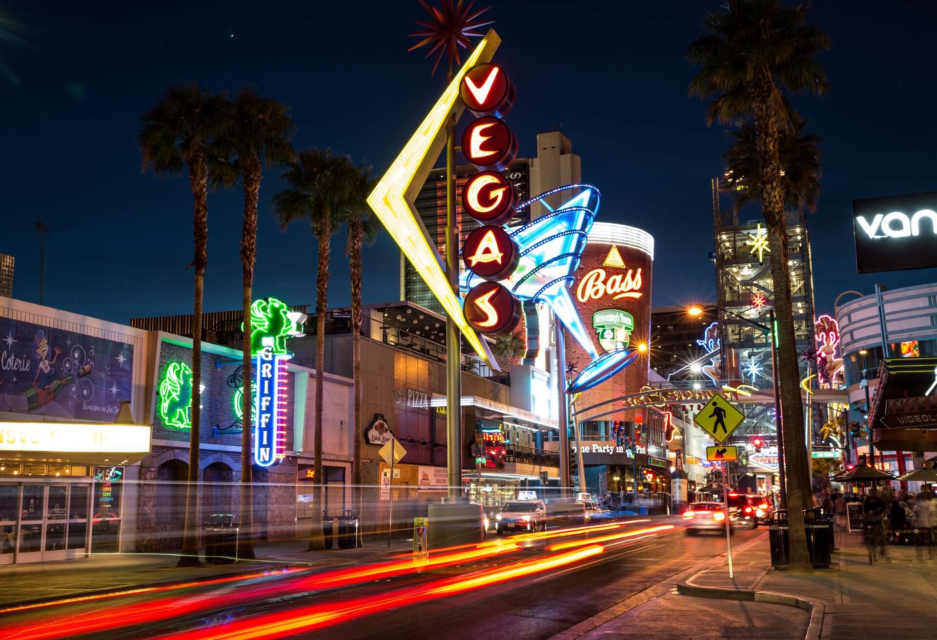 Illuminated hotels and casinos in downtown Las Vegas at Night, USA