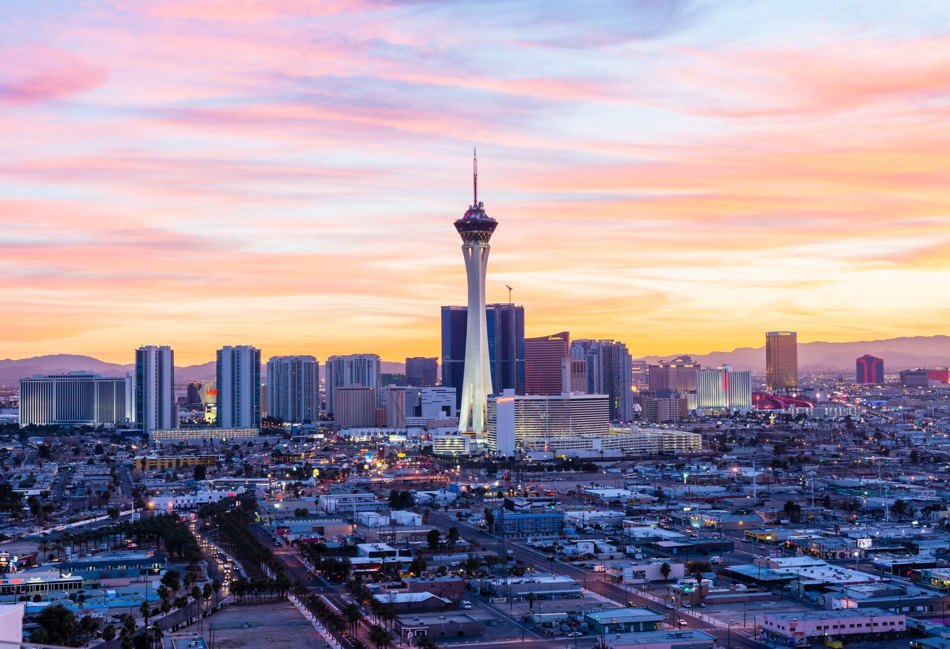 Las Vegas skyline at sunset.