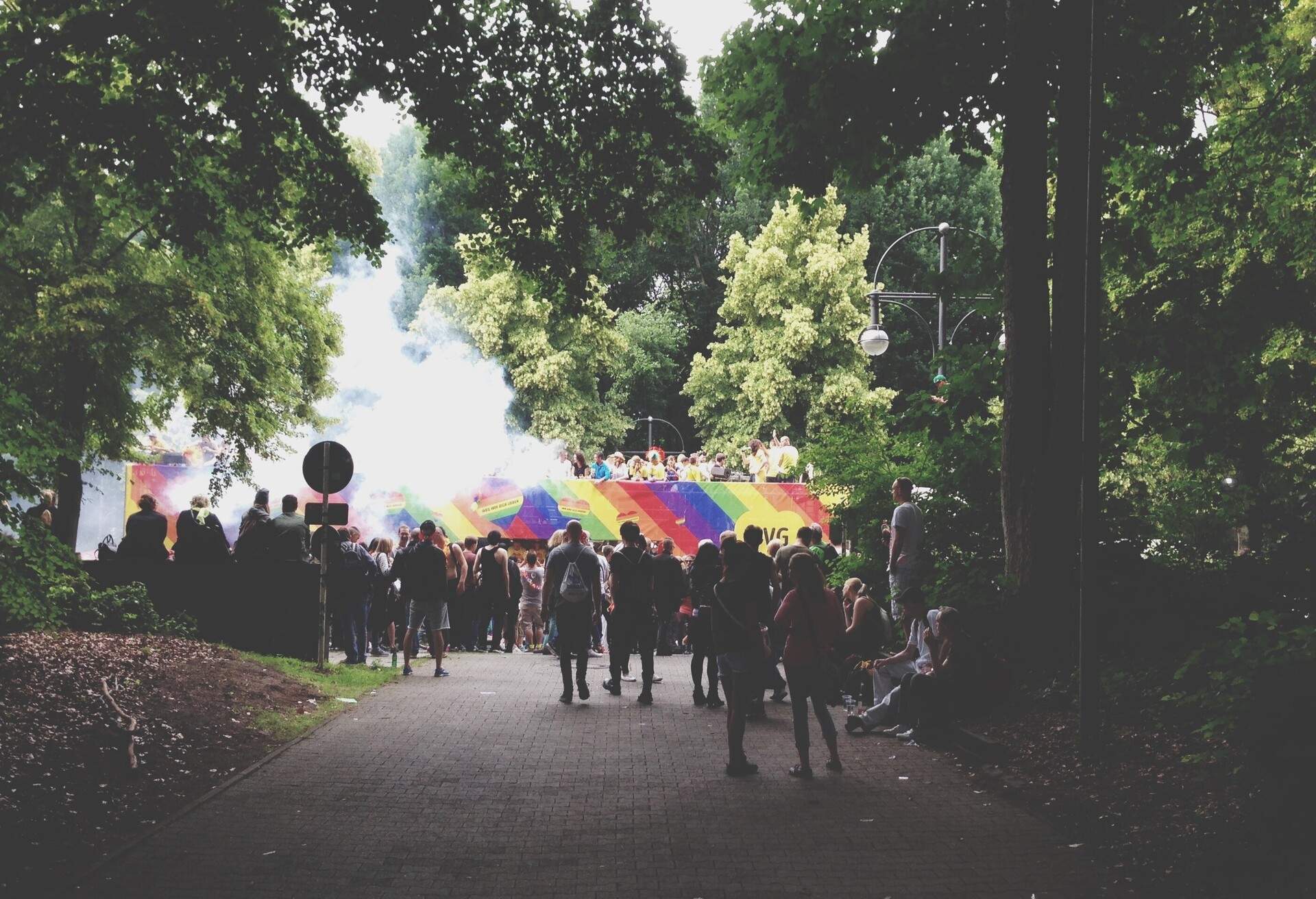 A crowd of people watching the gay parade at a park.