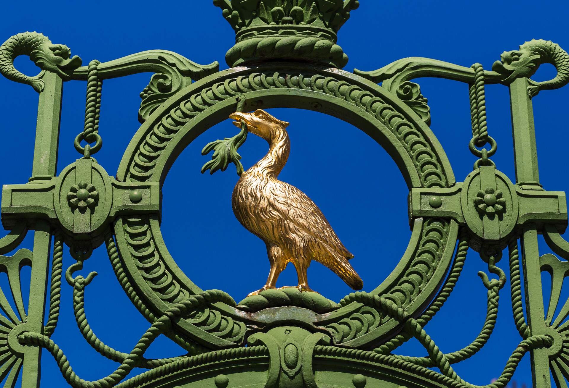 Close-up of the golden Liverbird on the Liverpool Sailors' home gateway.  The gateway, located in the city centre, is a memorial to all merchant seaman who have passed through the city.