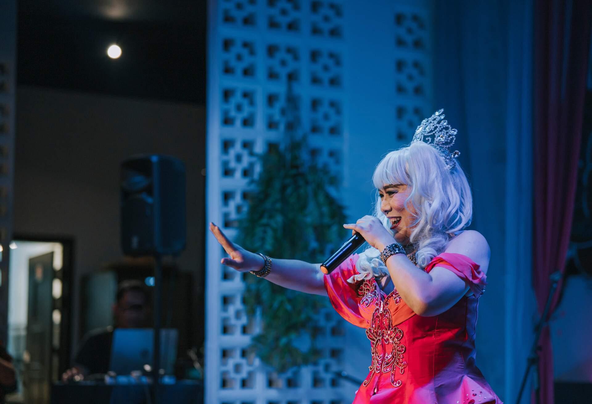 A drag queen wearing a pink gown and tiara performing on stage.