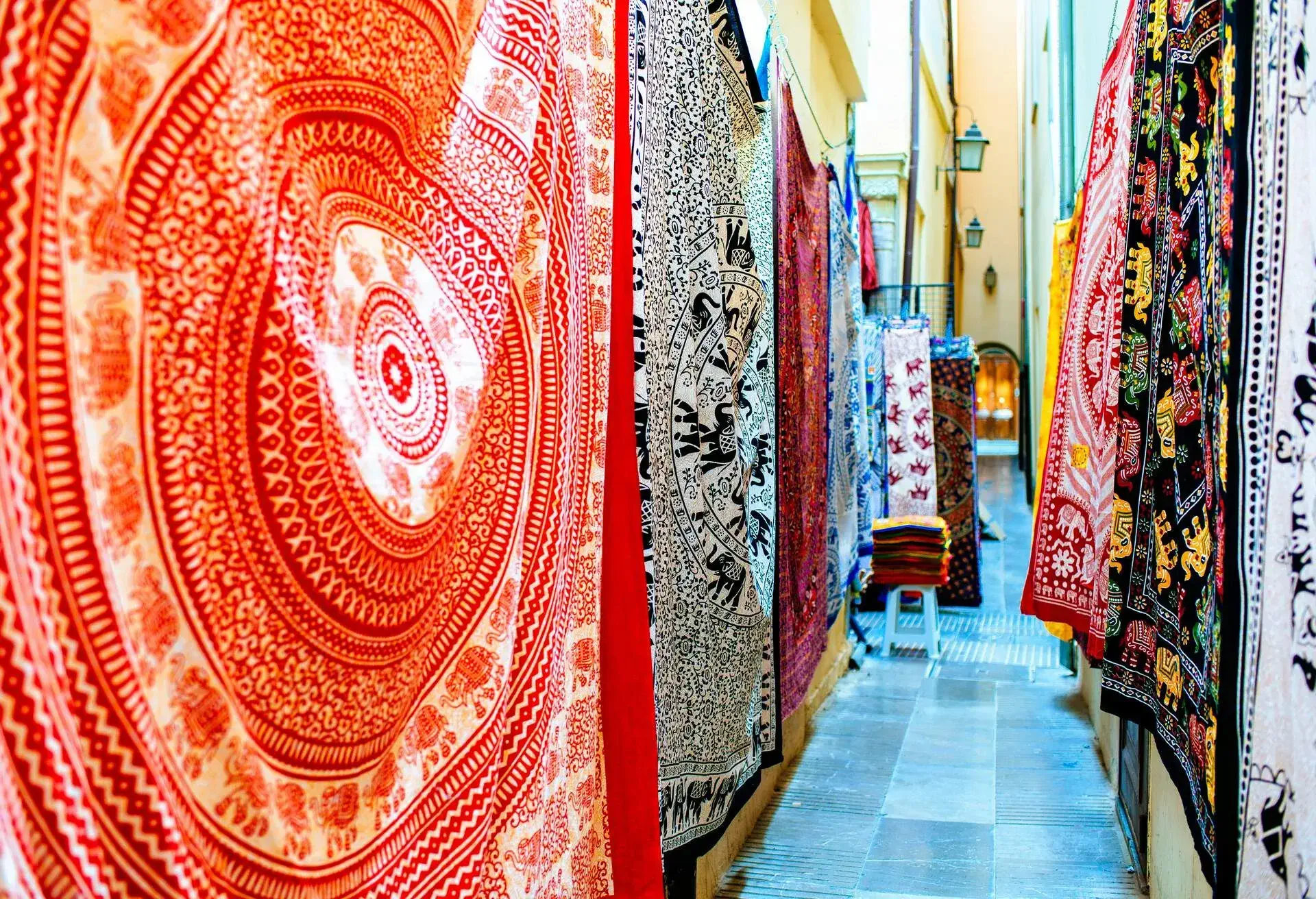 Carpets in store stalls in Granada, Spain.