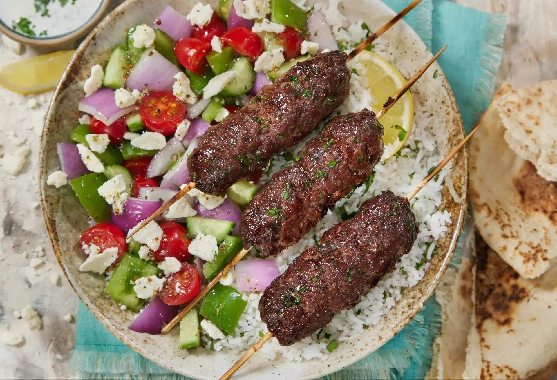 Beef Kofta with Tzatziki Sauce and Lemon