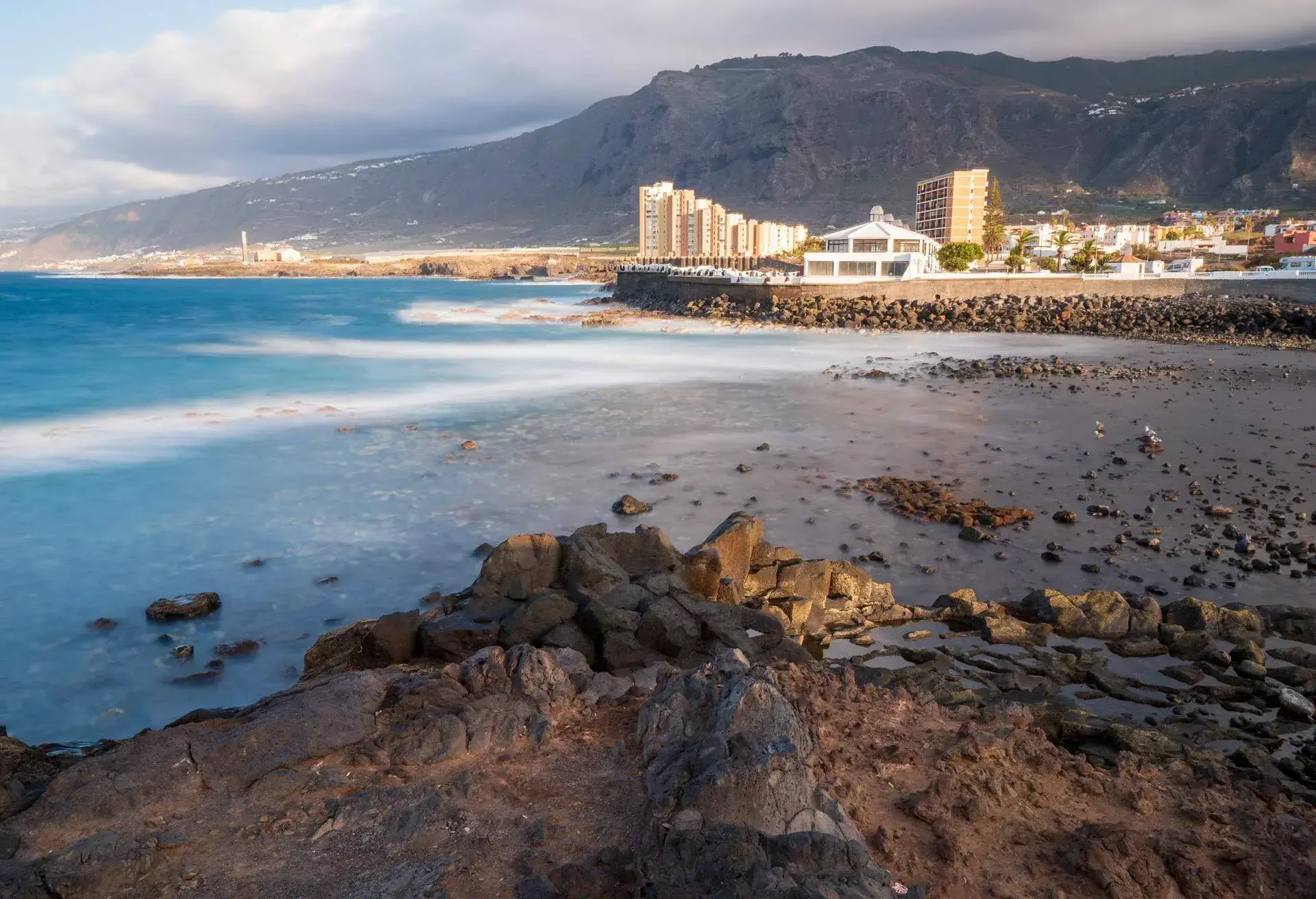 Atlantic ocean in Charco de la Arana in Los Silos Tenerife island Canary islands Spain. Long exposure.