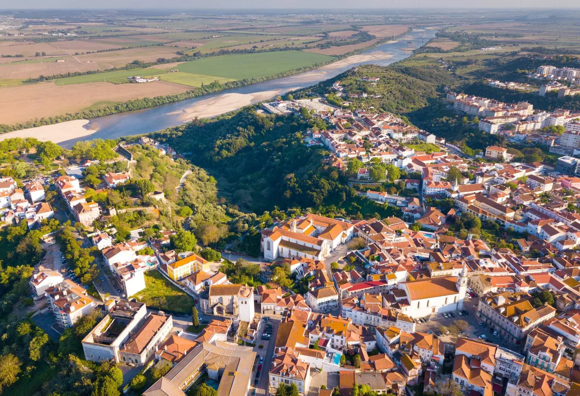 Aerial panoramic view of Santarem city with buildings and landscape, Portugal; Shutterstock ID 1414384193