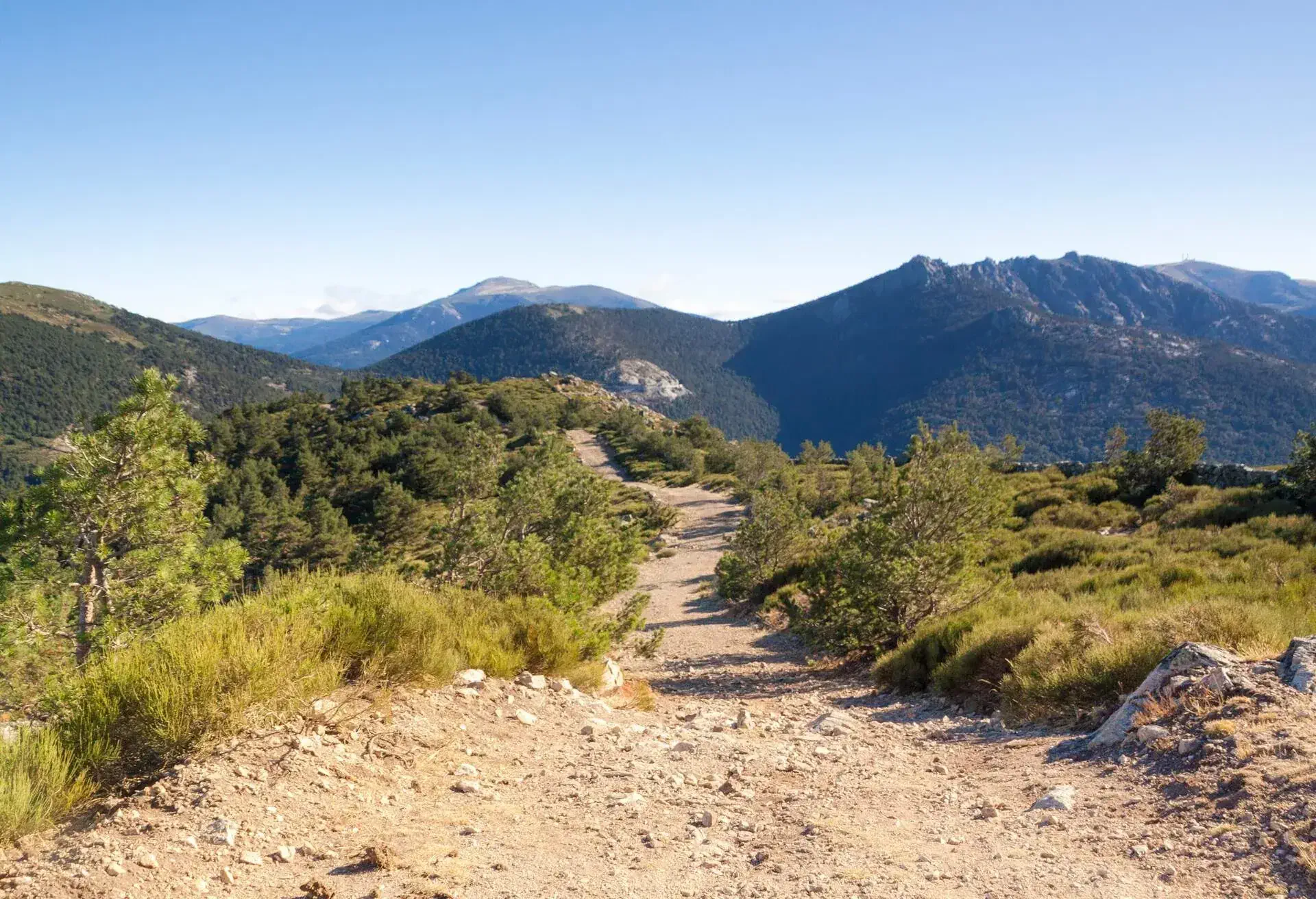 The walk from Cercedilla to the peak of Aguila, Madrid, Spain. Panoramic Sierra de Guadarrama National Park. Sunrise views