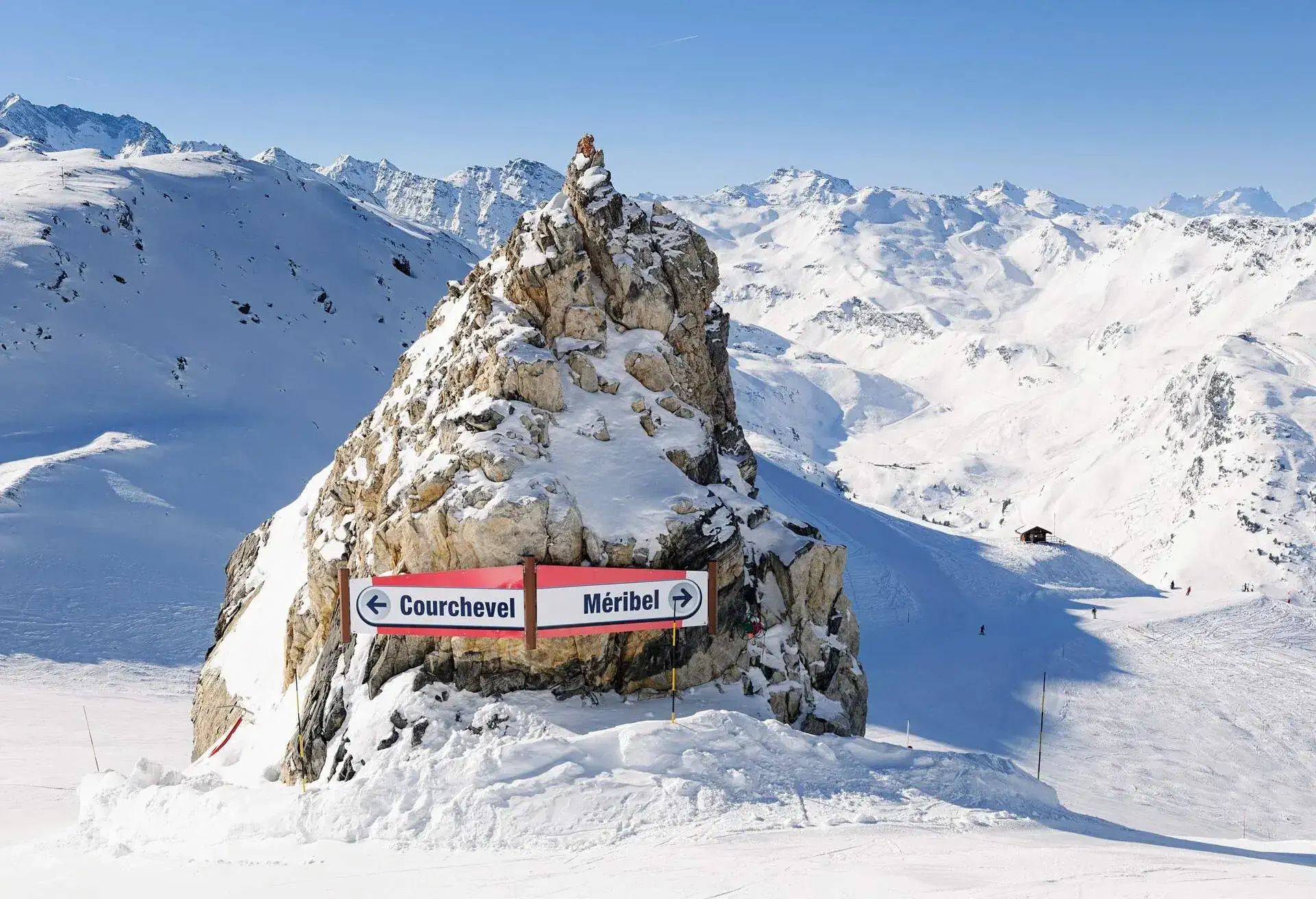 Signs on a ski slope in the Trois Vallees, in the French Alps, directing skiers towards Courchevel and Meribel.
