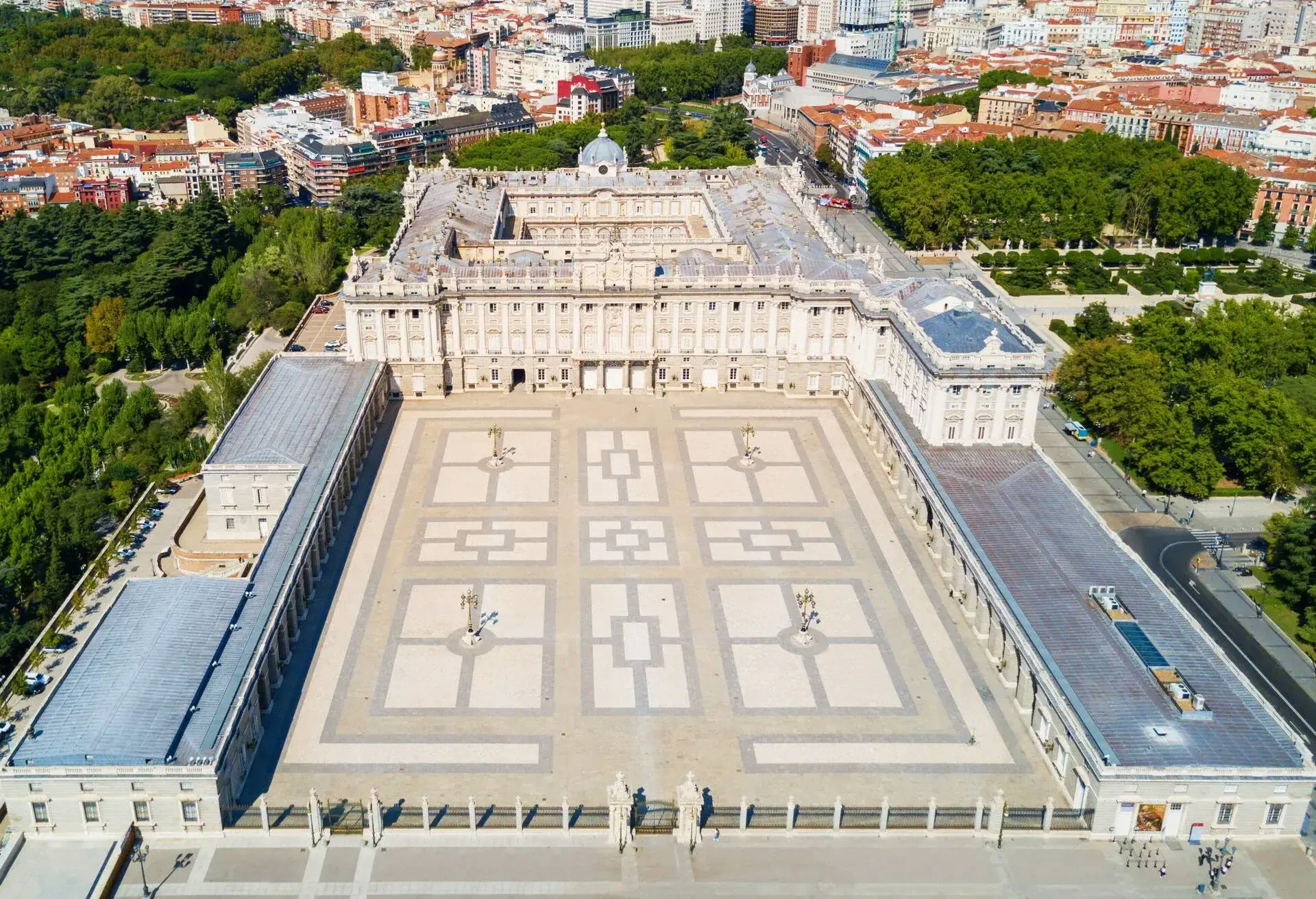 The Royal Palace of Madrid aerial panoramic view. Palacio Real de Madrid is the official residence of the Spanish Royal Family in Madrid, Spain