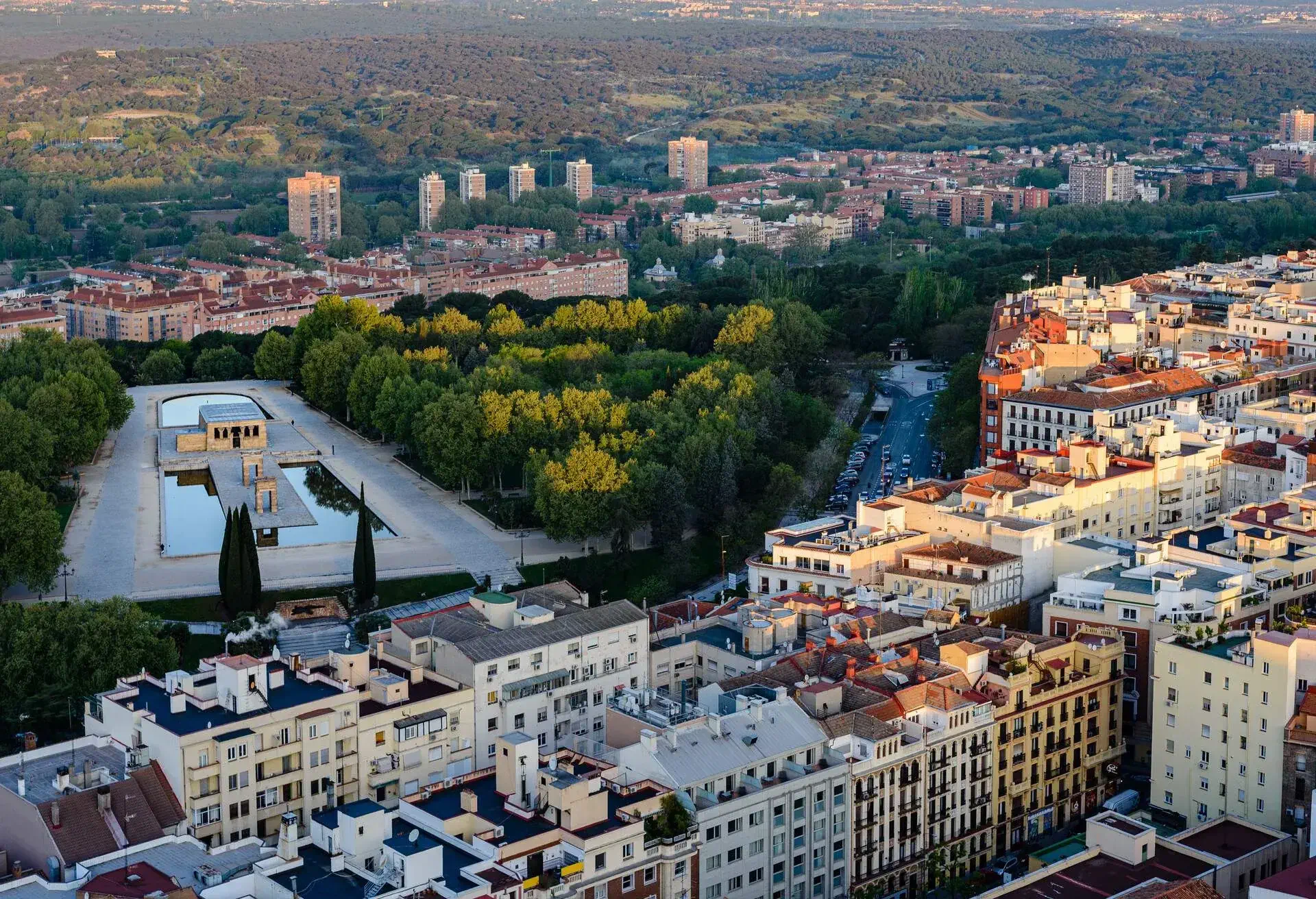 Aerial view at sunset of the Temple of Debod. Parque del Oeste in Madrid.