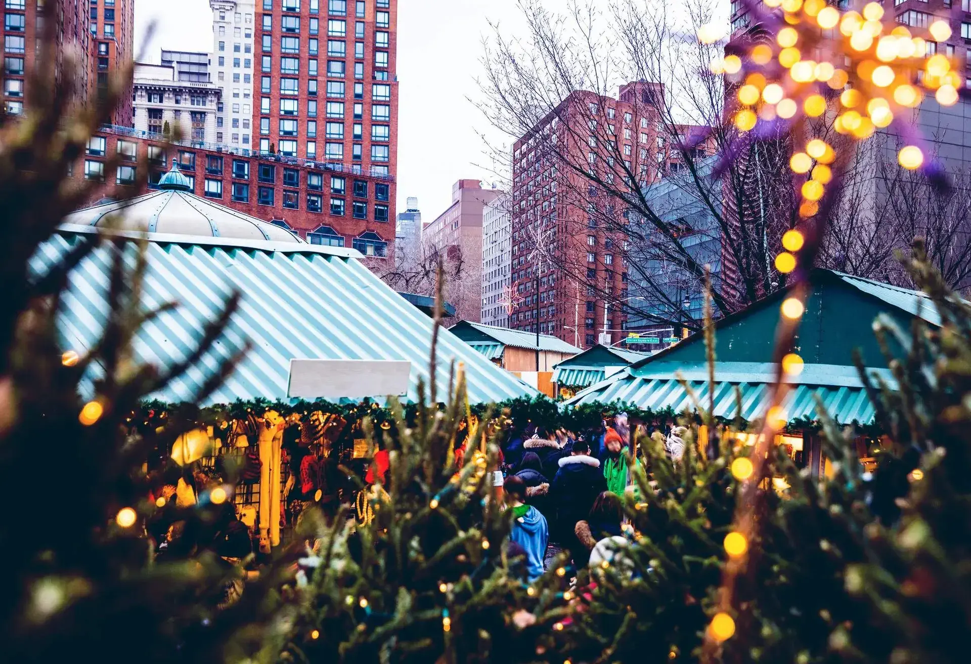 People visiting Christmas Market stands in Union Square in Midtown Manhattan.