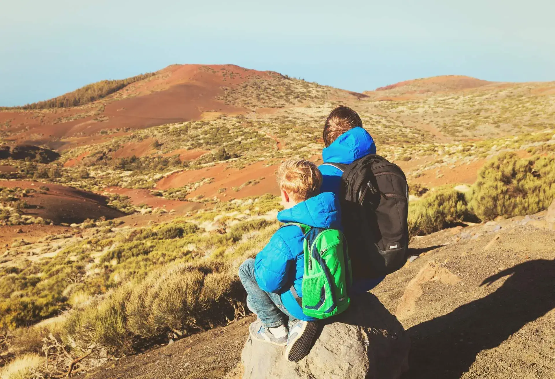 happy father and little son hiking in mountains