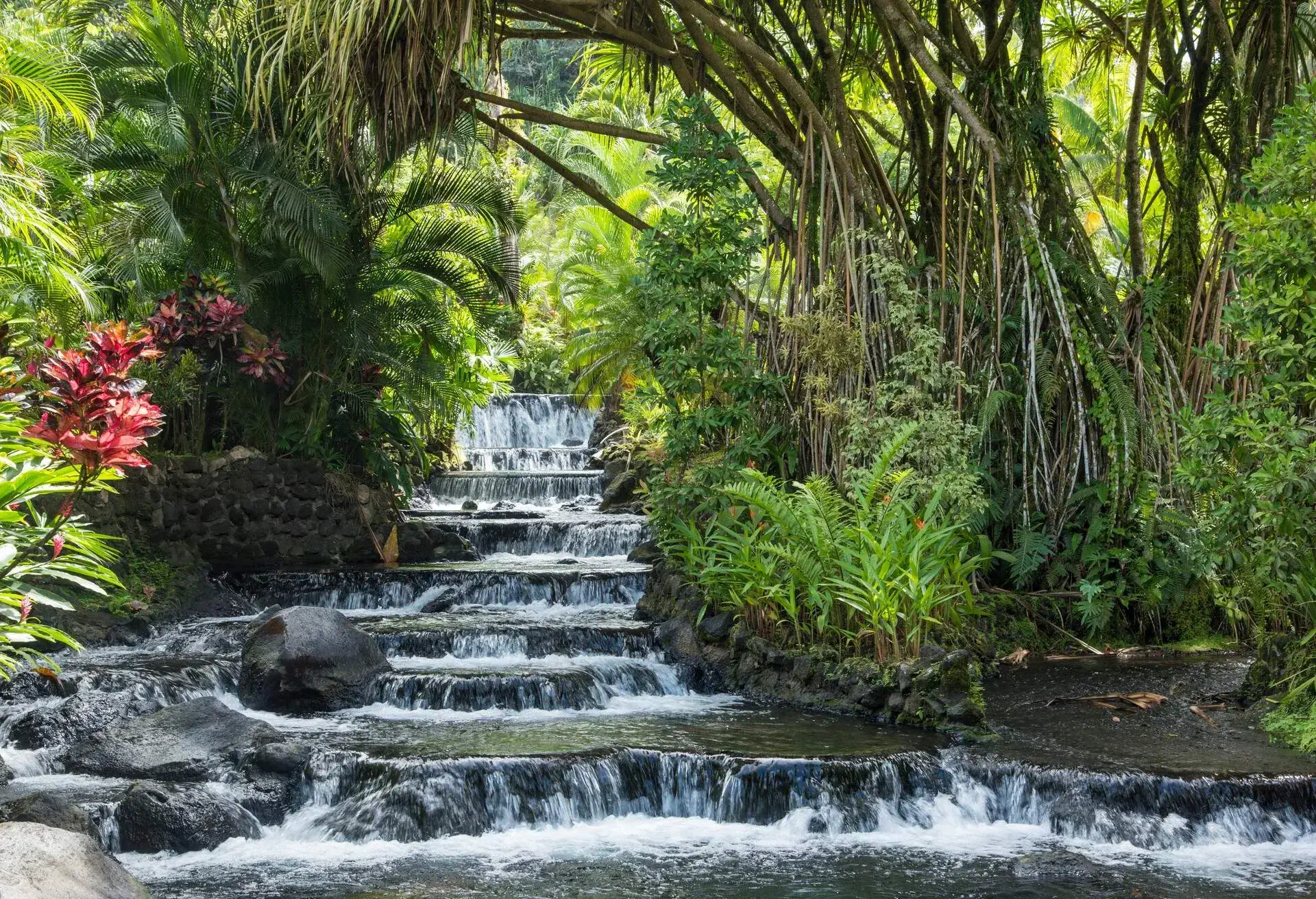 Thermal springs heated by the underground magma of the Arenal Volcano flow down rocks into pools of heated water at a tourist resort in La Fortuna, Costa Rica.