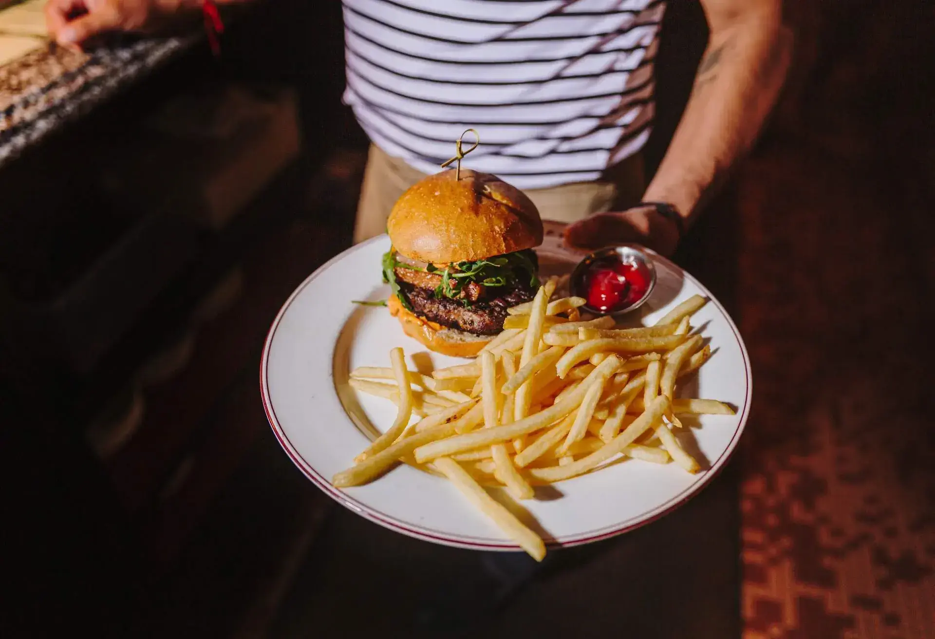 Burger and fries in a restaurant
