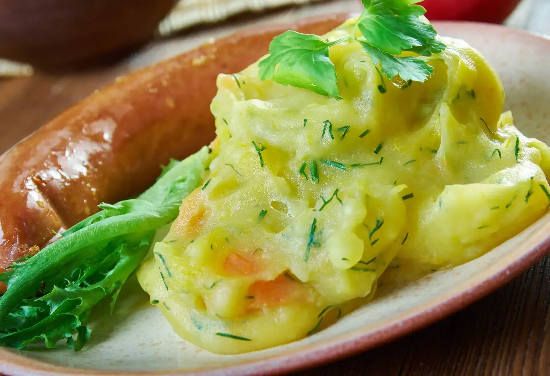 Stoemp, Brussels variant of the stamppot dish, consists of pureed or mashed potatoes and other root vegetables, , Belgian national cuisine, Traditional assorted Asia dishes, Top view.