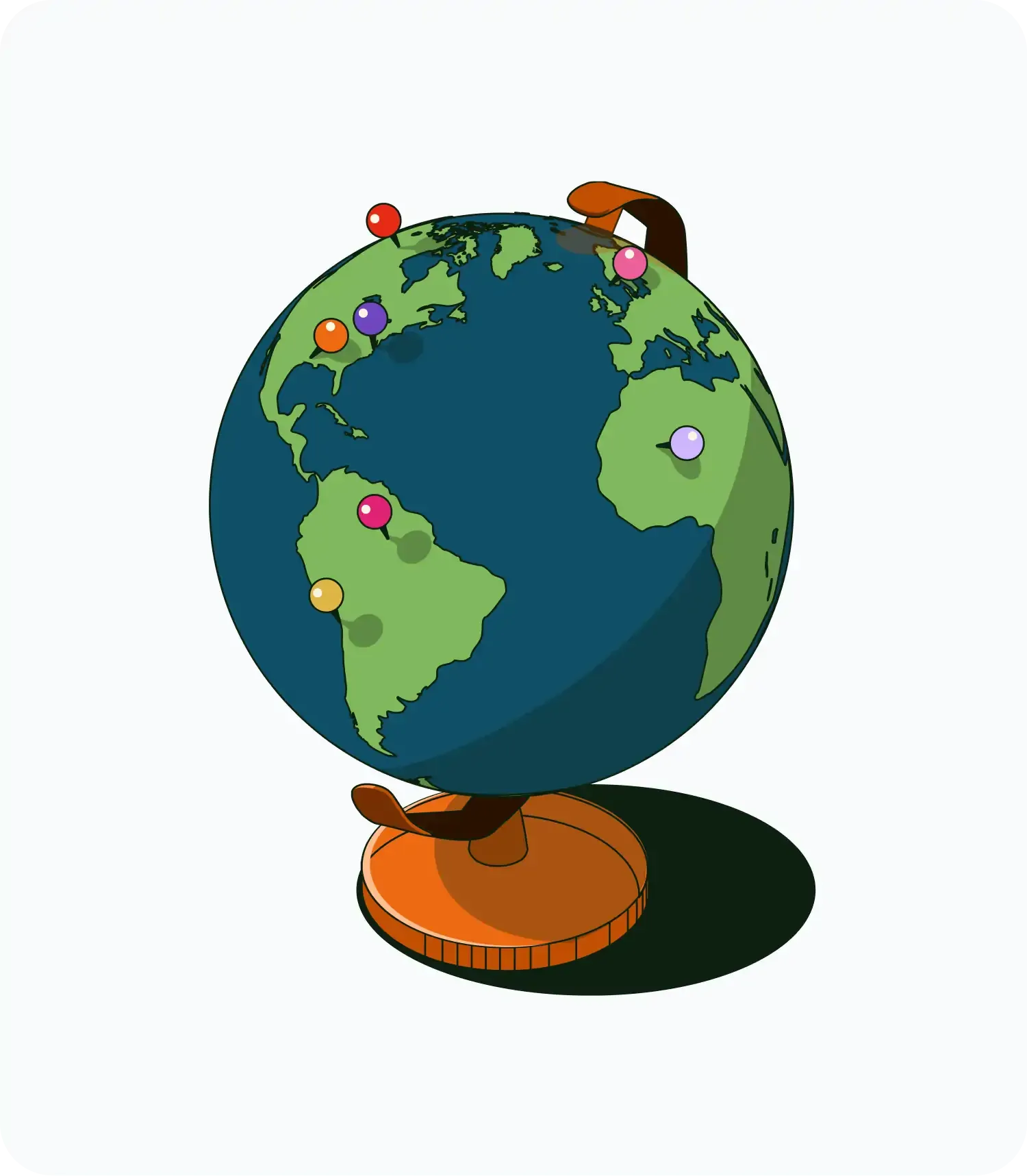 Illustrated globe on a stand with colorful location pins marking different places around the world.